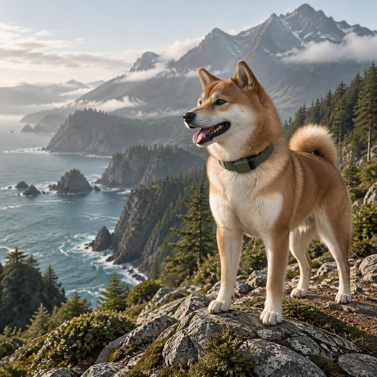 Shiba inu wearing a Hachi GPS collar on a coastal mountain trail
